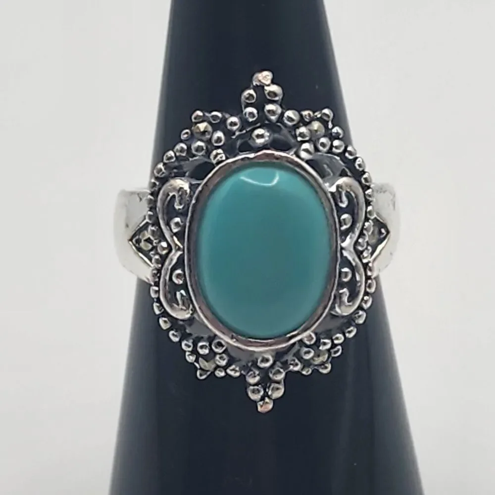 Marsala Silver Tone Turquoise Enamel & Marcasite Ring (6.75)